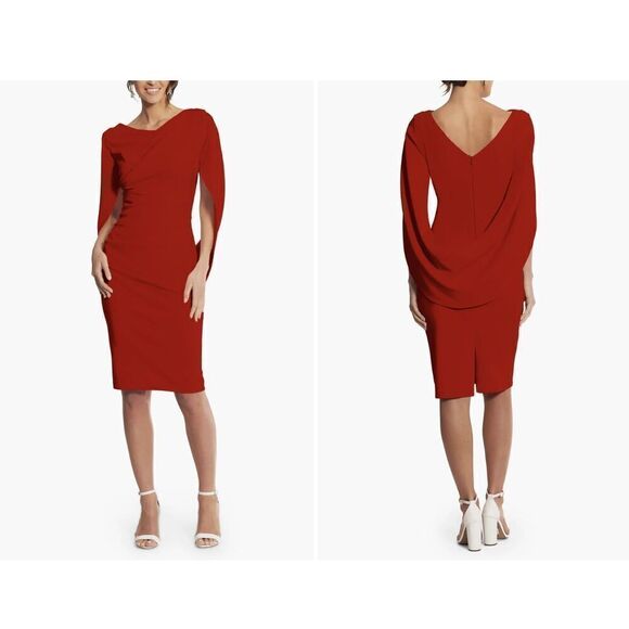 NEW Betsy & Adam Cape Sleeve Crepe Sheath Cocktail Dress Women's Red Size 4 - Picture 1 of 6